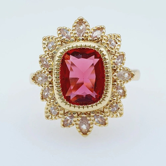 "18K Gold Plated Flower Shaped Red 3A CZ Women Ring, FB16FA1038 - Picture 7 of 7